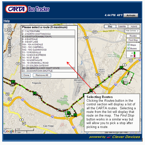 Selecting Routes - Clicking the Routes button in the control section will display a list of all the NORTA routes.  Selecting a route from the list will display that route on the map.  The Find Stop button works in a similar way but will allow you to pick a stop after picking a route.